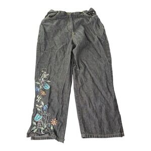 History Women's Embroidered Floral Wide Leg Jeans Dark Wash Elastic Waist Medium